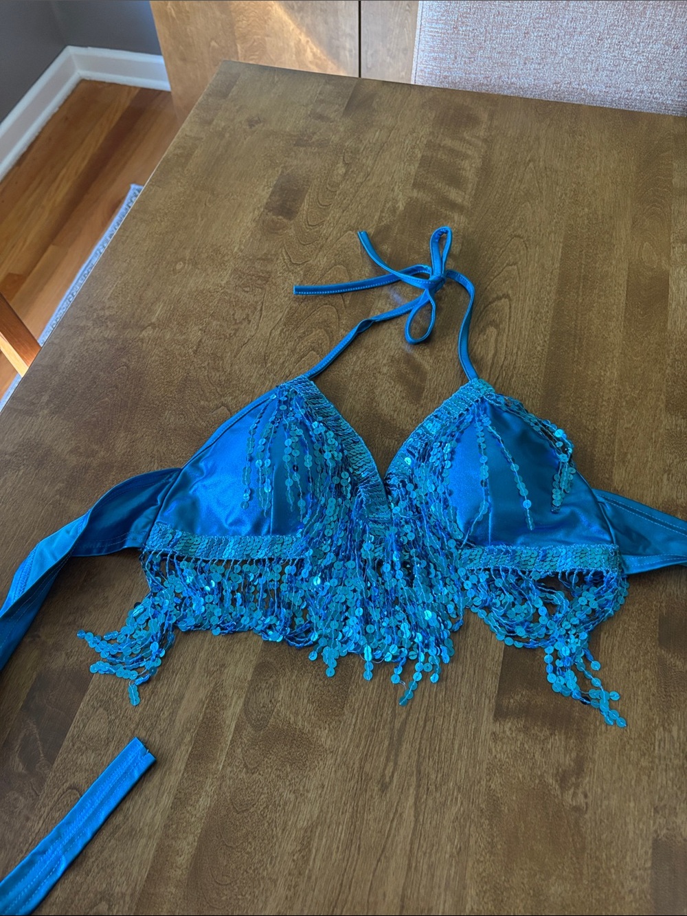 Blue Sequin Fringe Halter Bra Top